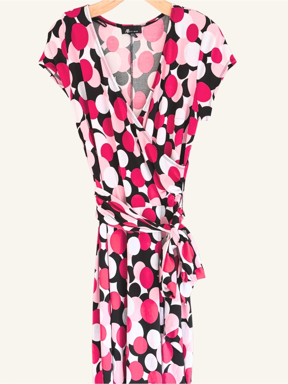 AB Studio Polka Dot Faux Wrap Dress Pink Black White Tie Waist XL
